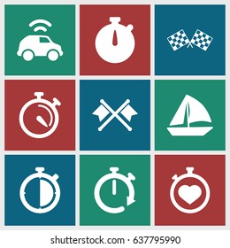 Race icons set. set of 9 race filled icons such as sailboat, stopwatch, finish flag, car
