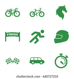 Race icons set. set of 9 race filled icons such as horse, bicycle, stopwatch, running, finish flag, helmet, car