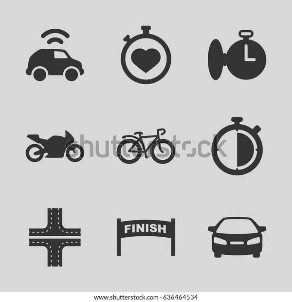 Race icons set. set of 9 race filled\
icons such as road, car, stopwatch, bicycle,\
motorbike