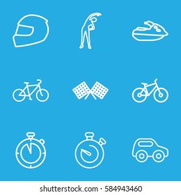 race icons set. Set of 9 race outline icons such as toy car, exercising, stopwatch, bicycle, finish flag, helmet