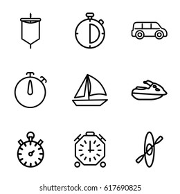 Race icons set. set of 9 race outline icons such as stopwatch, sail, jet ski, rowing, sailboat