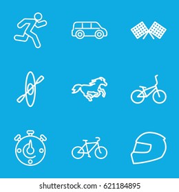 Race icons set. set of 9 race outline icons such as horse, running, bicycle, stopwatch, finish flag, helmet, rowing