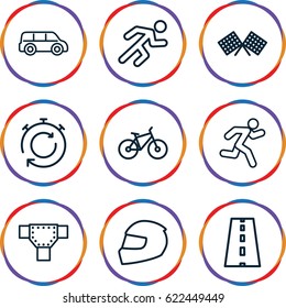 Race icons set. set of 9 race outline icons such as road, running, stopwatch, finish flag, helmet, bicycle
