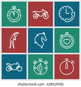 Race icons set. set of 9 race outline icons such as horse, exercising, stopwatch