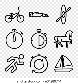 Race icons set. set of 9 race outline icons such as horse, running, stopwatch, sport car, bicycle, rowing