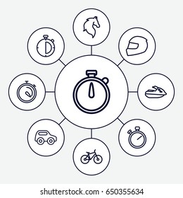Race icons set. set of 9 race outline icons such as horse, toy car, stopwatch, helmet, jet ski