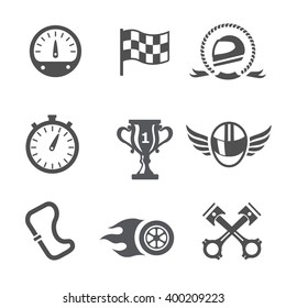 Race icons set Speedometer, helmet and cup, winning finish, flag and speed competition, vector 