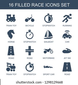 race icons. Trendy 16 race icons. Contain icons such as train toy, bicycle, stopwatch, running, horse, sailboat, car, road, motorbike, jet ski, sport car. race icon for web and mobile.