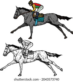 Race jockey riding a galloping racehorse. Hand drawn vector illustration.