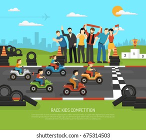 Race kids competition drive sport composition with flat children characters on race track and adult supporters vector illustration