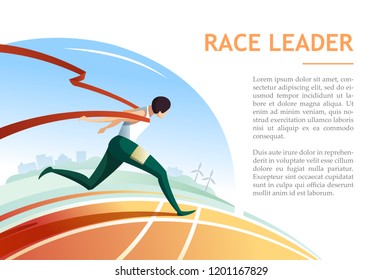 Race leader tearing the finish tape and environment. Modern vector illustration concept