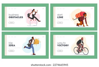 Race for Leadership Landing Page Template Set. Business People Take Part in Running Competition. Businessman Hold Glowing Light Bulb, Riding Bicycle, Woman with Jet Pack. Cartoon Vector Illustration