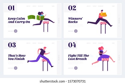 Race for Leadership Website Landing Page Set. Colleagues Corporate Competition. Business People Running with Barriers on Stadium to Career Success Web Page Banner. Cartoon Flat Vector Illustration