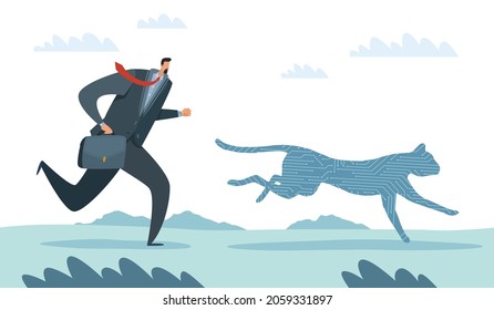 Race man and technology. Businessman chasing progress. Office worker running after cheetah. High speed development of electronics. Human and modern devices capabilities. Vector concept