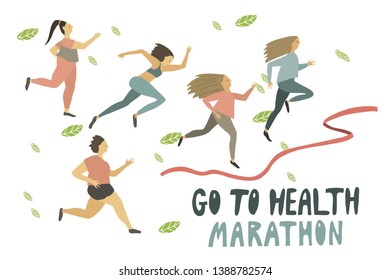 Woman’s race marathon . Running girls . Healthy lifestyle . Freehand drawing vector flat illustration
