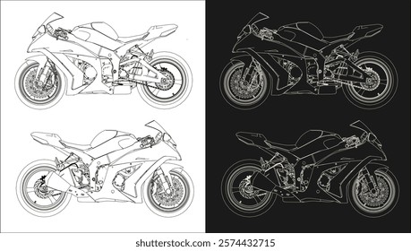 race motorcycle sportbike side view moto . line technical drawing of blueprints isolated on transparent background