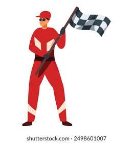 Rennoffizier in roter Uniform und Mütze mit karierter Flagge, feiert Sieg, Motorsport-Wettkampf-Endkonzept