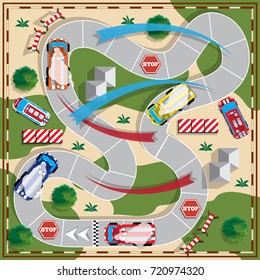 Race on trucks. Board game. View from above. Vector illustration.