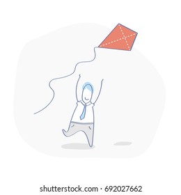 Race for opportunities, catch a dream metaphor, run the project. Cute cartoon businessman runs with a flying kite. Flat line vector illustration concept, element for web and mobile design.