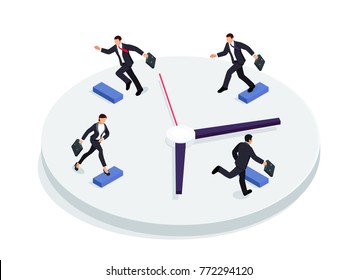 Race over time concept. Isometric businessmen running on a clock isolated on a white background. 3d businessmen running one after the other with briefcases. Vector illustration.