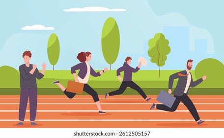 Race quitting. Giving up career race life competition, weak man refusing at beginning of path to success business work goals quit office compete psychology vector illustration original artwork