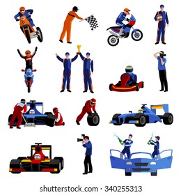 Race and rally icons set with moto auto rally and victory symbols flat isolated vector illustration 