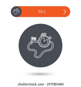 Race road icon. Finishing flag with timer sign. Gray flat circle button. Orange button with arrow. Vector