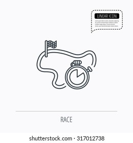 Race road icon. Finishing flag with timer sign. Linear outline icon. Speech bubble of dotted line. Vector