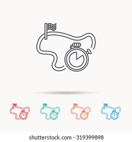 Race road icon. Finishing flag with timer sign. Linear icons on white background. Vector