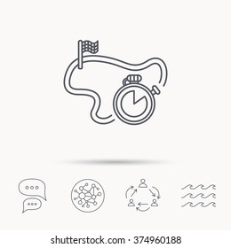 Race road icon. Finishing flag with timer sign. Global connect network, ocean wave and chat dialog icons. Teamwork symbol.