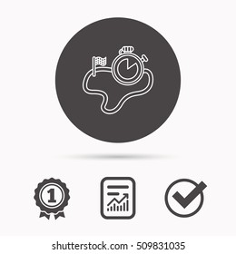 Race road icon. Finishing flag with timer sign. Report document, winner award and tick. Round circle button with icon. Vector