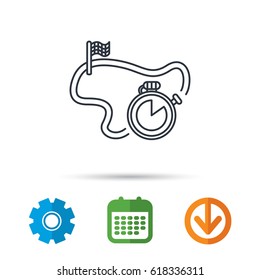 Race road icon. Finishing flag with timer sign. Calendar, cogwheel and download arrow signs. Colored flat web icons. Vector