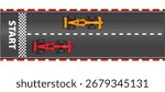 Race road Start and finish top view asphalt track with racing cars, sport speedway racetrack, competition roadway. border red and white.