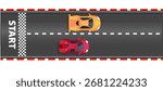 Race road Start and finish top view asphalt track with racing cars, sport speedway racetrack, competition roadway. border red and white.