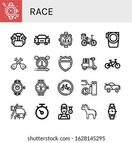 race simple icons set. Contains such icons as Watch, Hockey helmet, Sportive car, Stopwatch, Bicycle, Paddle, Paddles, Speed, Highway, Moped, can be used for web, mobile and logo
