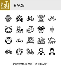 race simple icons set. Contains such icons as Racing, Watch, All terrain, Bike, Engine, Bicycle, Canoe, Roller skate, Hockey helmet, Classic car, can be used for web, mobile and logo