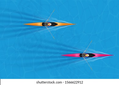 Race of Single rowers with woman paddlers on water surface. Woman inside boats in moving. Top view of Equipment for waters sport rowing. Vector Illustration