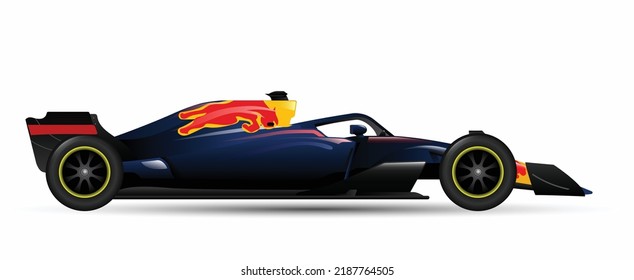 race single side view seater F1 3d car icon transport jet sport racing symbol concept art design template vector isolated blue red yellow sticker stripe decal power hybrid white background