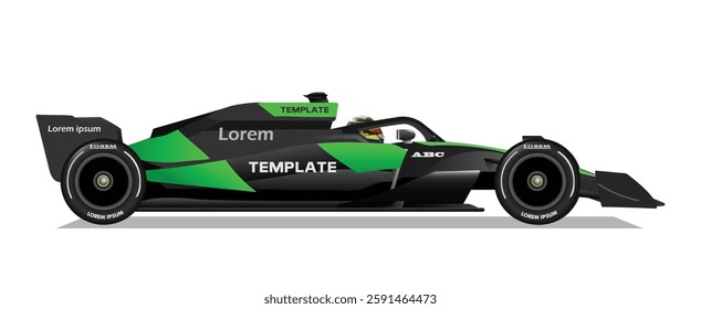 race single side view seater F1 3d car icon transport jet sport racing symbol concept art design template vector isolated black dark green stripe decal power hybrid white background
