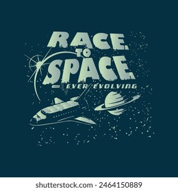 Race to Space, Unique Moon Travel Poster Vectors, Space ship colorful vintage poster flying among stars and planets leaving while moving through milky way, T-shirt or poster illustration of space ship