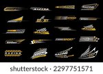 Race sport car stripe stickers, checker decals. Motocross competition retro emblems, motorsport championship or rally racing tournament vintage vector symbols or decals set with victory checkered flag