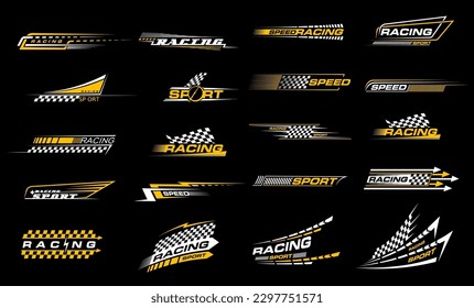 Race sport car stripe stickers, checker decals. Motocross competition retro emblems, motorsport championship or rally racing tournament vintage vector symbols or decals set with victory checkered flag