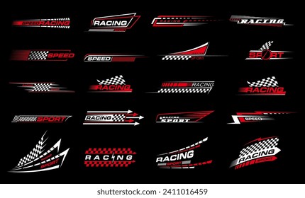 Race sport, car stripe stickers and racing line decals, vector auto vehicle vinyl wraps. Race sport car stripe stickers with speed checker flag, fast arrow and tire wheel for racing sport line decals