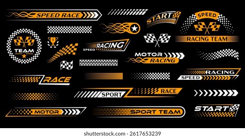 Race sport car stripe stickers, checker decals. Motocross competition retro patterns, motorsport championship. Rally racing decals set with victory checkered flag