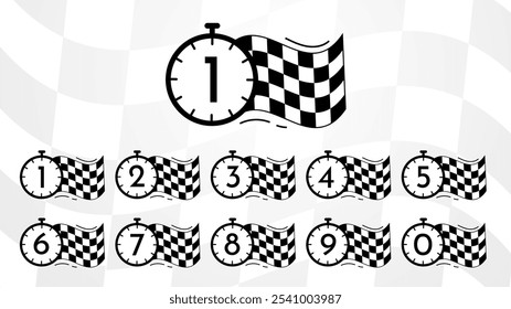 Race stopwatch set. Timer and clock countdown. Minutes, seconds and hours measurements. Interface for video game and arcade. Flat vector collection isolated on white background