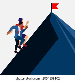 Carrera por el éxito - Empresarios (hombres y mujeres) corriendo y saltando cuesta arriba para ser la persona que primero alcanza la meta. Competencia, motivación profesional y concepto de ganador. Ilustración vectorial.