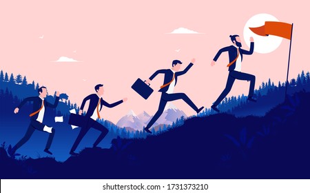 Race for success - Business people running and jumping up hill to be the person who reach goal first. Competition, career motivation and winner concept. Vector illustration.