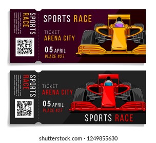 Race ticket with sport car illustration, with snap-out part and QR code, ducat for car racing competition