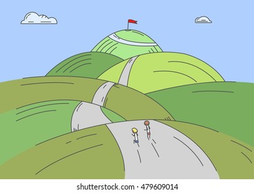The race for the top spot: Two people competing in a hilly field with obstacles
