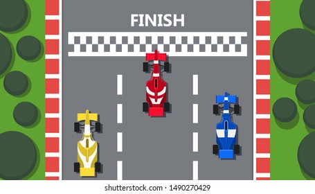 Race track car top view vector line road illustration background. Rally prix sport poster team. Red formula flyer competition finish. Grand winner vehicle speedway auto. Highway championship 